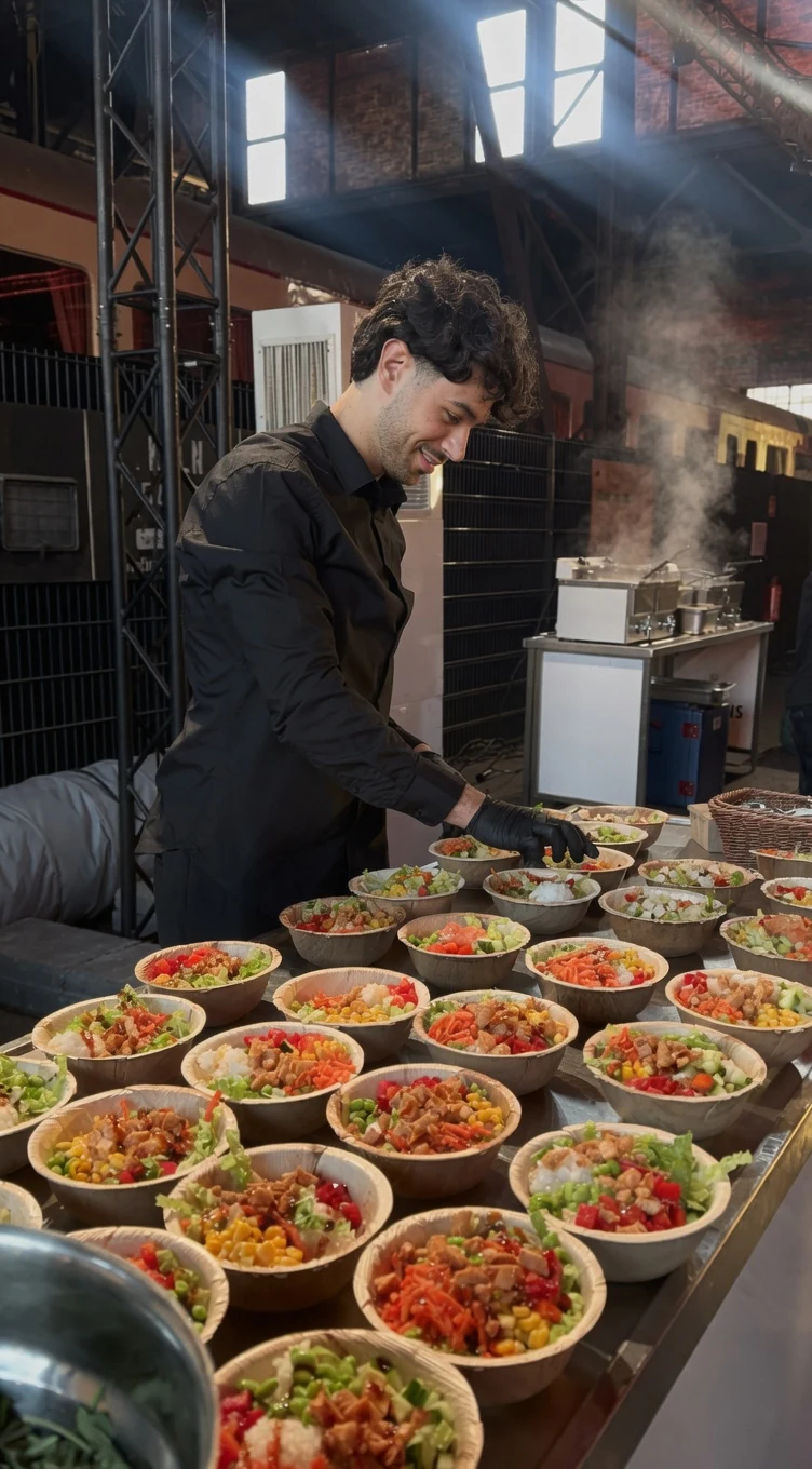 Mitarbeiter richtet Bowls in einer historischen Eisenbahnhalle an